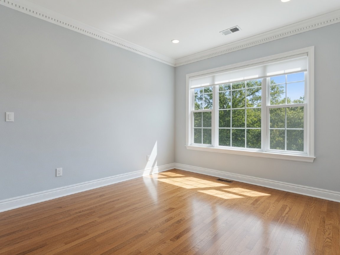 Bright interior room with freshly painted light gray walls and white trim